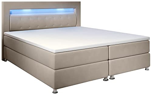 Juskys Boxspringbett Vancouver 180x200 cm - Doppelbett mit LED-Beleuchtung, Topper & Bonell-Federkern-Matratzen - Bett Polsterbett Beige mit Stoff