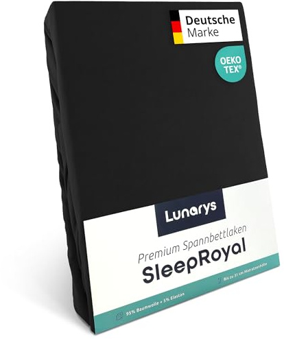 Lunarys® SleepRoyal Luxus Spannbettlaken 160x200cm - Schwarz - 250 g/m² Premium Bettlaken - 40 cm Steghöhe - für hohe Matratzen, Boxspringbett & Matratze + Topper & Wasserbett - Stretch Jersey