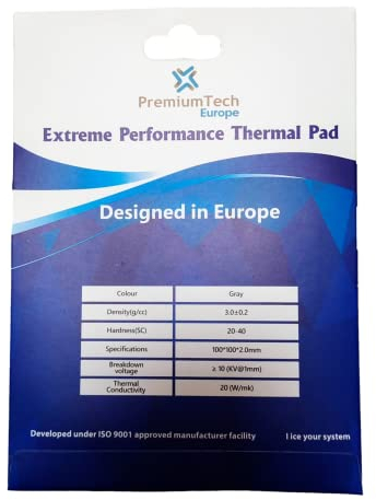PremiumTech Europe PremiumTech Professionelles Thermalpad mit extremer Leistung mit 20 W/MK Wärmeleitfähigkeit, ideal für High-End-GPU oder CPU, Größe XXL 100 x 100 mm (2 mm)