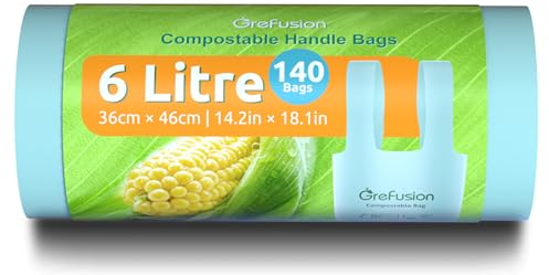 GreFusion Lot de 140 sacs poubelle compostables extra épais avec poignées 6 l