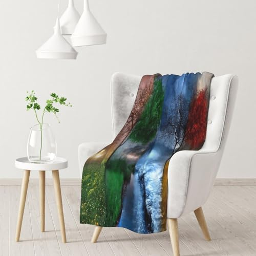 ASEELO 102 x 76 cm Decke Vier Jahreszeiten Baum des Lebens Fleece Decke Sofa Überwurf für Bett und Couch Reisen