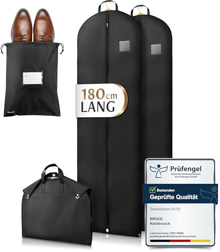 Bruce.® 2x Kleidersack Lang 180x60 cm inkl. 1x Schuhbeutel – Extra langer Kleidersack für Brautkleid, Ballkleid & Abendrobe – 120 GSM Materialstärke – Atmungsaktive Hülle für Schutz & Lagerung