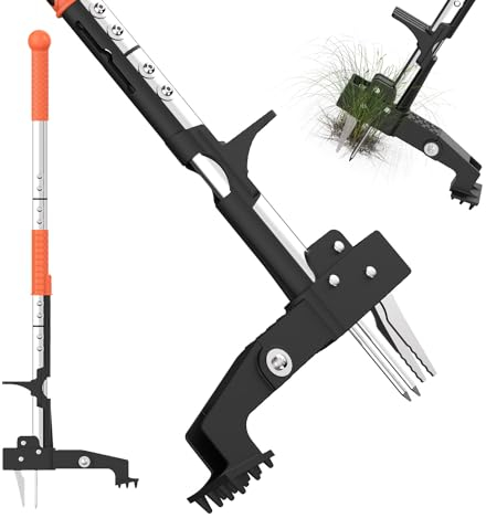 Outil de désherbage de jardin avec poignée ergonomique de 100 cm de long et 4 griffes en acier inoxydable haute résistance, facile à enlever les mauvaises herbes sans se plier, tirer ou s'agenouiller.