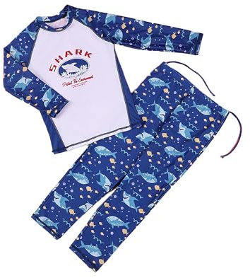 Fldy Kinder Jungen Badeanzug Rashguard Langarm Top Lange Hose Set Mit Cartoon Muster UV 50+ Kinder Surfen Strand Schwimmbekleidung Marineblau-Hai_A 122-128