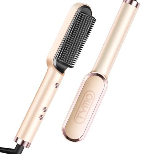 TYMO Hair Straightener Brush UK, Flat Iron and Hair Brush 2-in-1, Anti-Scald, Fast Heating, 5 Temp Settings (130℃-210℃), Professional Salon at Home, Wider Comb for Even Straightening, Peach