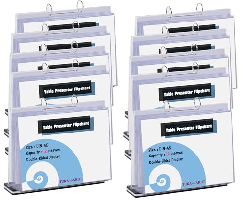 TUKA-i-AKUT 10-pack A5 liggande bords-poplista av akryl med bas, 12 fodral per T-form skrivbord flip chart, dubbelsidigt presentation flipchart, uppställningsringbok, bordsstativ A5 tvärsgående,