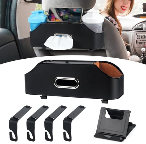 XSUPER Car Seat Back Organizer with Cup Holder, Leather Backseat Storage Box with 4 Headrest Hooks and Phone Stand Holder, Multi-functional Travel Accessories for Family