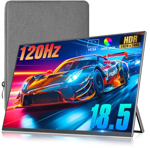 MSDONG 18,5 tum bärbar bildskärm + ärm 1080P 120Hz 100 % sRGB USB-C HDMI stor bärbar bildskärm för bärbar dator MacBook Xbox PS4/5-switch, resemonitor med Kickstand VESA-högtalare