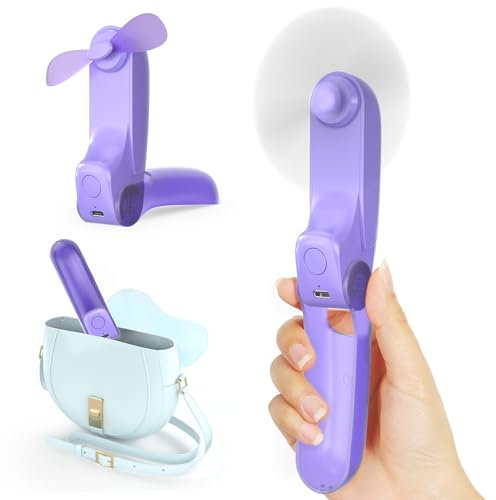 Koonie Mini ventilateur manuel 3 en 1, portable, avec 2 vitesses de vent et 8 heures, rechargeable par USB, avec batterie externe, pour voyage, bureau, extérieur, été, violet
