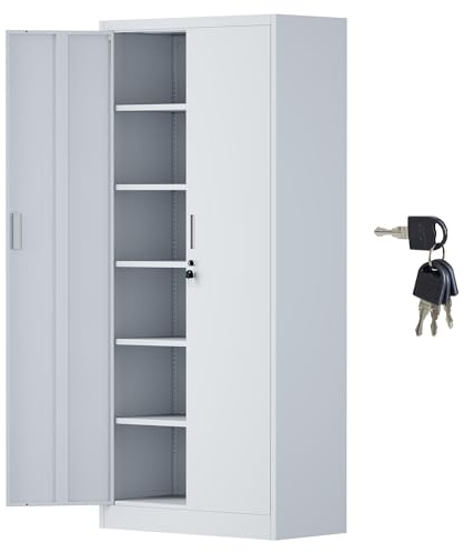 Aktenschrank Büroschrank Lagerschrank Metallschrank Stahlschrank, Aufbewahrungsschrank aus Metall mit verschließbaren Türen und 5 verstellbaren Regalen 180x80x40cm (Weiß)