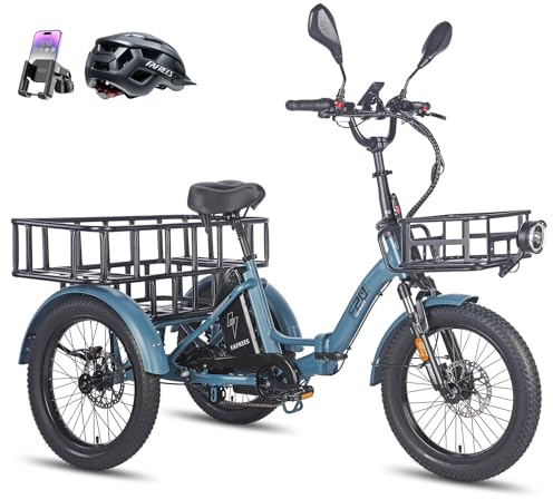 Fafrees Triciclo Eléctrico Ebike F20 Mate 2025, Batería de 48 V/21 Ah, 65N·m, Triciclo eléctrico Plegable de 20 x 3,0 para Adultos Mayores, 25KM/H, Alcance 120 KM (Cesta Delantera+Trasera, Azul)
