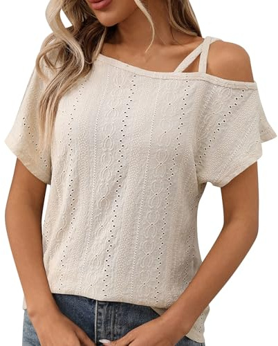 Lovraj Camicetta da donna elegante con cutouts – Traspirante senza spalle – Camicetta estiva a maniche corte – Camicia estiva da donna – occhiello tinta unita ricamo camicetta estiva, beige., M