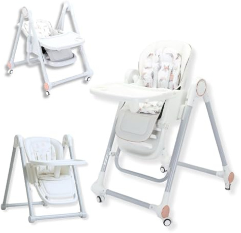 BATHBY Trona Evolutiva 3 en 1 – Plegable y Portátil, con Altura, Reposapiés, Respaldo y Bandeja todo Ajustables, 8 Niveles de Regulación y Sistema de Seguridad, Hasta 6 Años (Blanco)