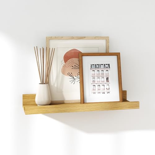 RICHER HOUSE Oak Floating Shelves for Wall with Lip, 40 CM, Wood, Small | 5-Min Install, Picture Display Ledge Shelf, Wall Decor Bookshelf for Bedroom, Bathroom, Living Room, Kitchen, Nursery