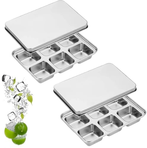 2 stycken isbrickor, återanvändbara diskmaskinssäkra, isbrickor i rostfritt stål med lock, återanvändbara 6 fyrkantiga isformer, bra för whisky, cocktails och hem