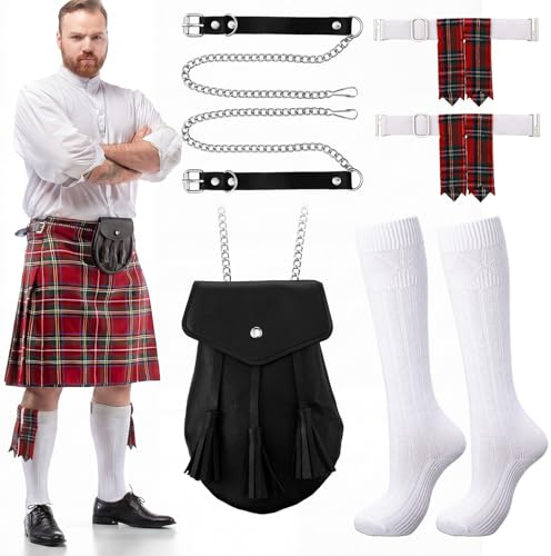 Arrowbash 3 Pcs Men Scottish Kilt Accessories Irish Traditional Scottish Socks Tartan Hose Flashes Sporran(Not Include Kilt)(Bright Tones)