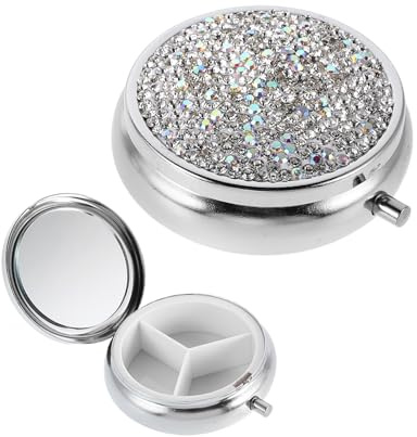 Healeved Mini portapillole rotondo in metallo con strass, organizer portatile per medicinali con scomparti, portapillole compatto per borsa e viaggio, elegante contenitore per pillole per