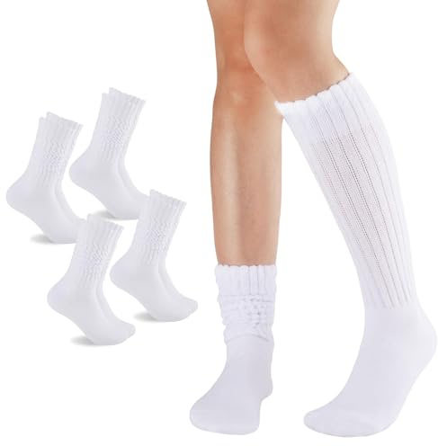 4 Paia Calzini Lunghi Donna Calze Lunghe Donna Caldo Cotone Calzini Alti Slouchy Scrunch Calzettoni Invernali per Stivali Mocassini Allenatori (4 Paia Bianche)