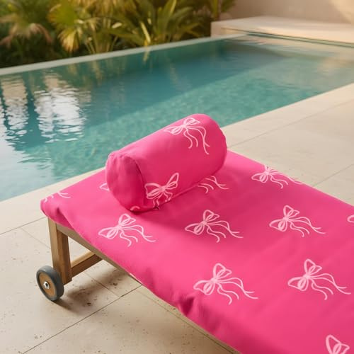 OHS Bow Print Sunbed Towels with Pockets Quick-Dry Absorbent Large Beach Towel in a Bag & Beach Pillow Inflatable Sun Lounger Bolster Pillow Microfibre Travel Summer Holiday Essentials Bundle, Pink