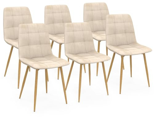 IDMarket – Juego de 6 sillas Mila de terciopelo beige y patas efecto madera para comedor