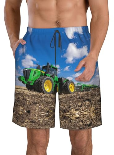ZHAOUR Pantalones cortos de playa para hombre, con estampado de granja de tractores, cordón elástico, perfectos para deportes acuáticos, uso casual y actividades de verano, blanco, XL