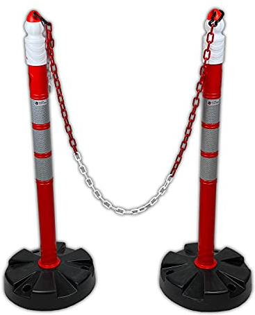 UvV Duo 2 x Kettenpfosten Kettenständer inkl. 5 Meter Kette - Absperrpfosten, Ø63 x 1000mm, schwere Fußplatte ca. 5 kg, gut sichtbar mit Klasse 2 Reflexfolie