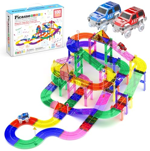 PicassoTiles Set da 100 pezzi di pista giocattolo magnetico con 2 auto a LED con cartelli stradali regolabili in altezza Kit educativo STEM costruzione apprendimento costruzione divertimento per