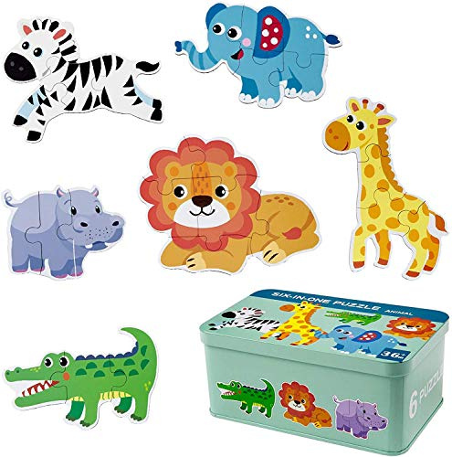 Comius Sharp Puzzle, 6 Pack Rompecabezas Puzzle Juguetes Bebes para Niños de 1 2 3 4 5 Años Montessori Educativos Regalos 3D Patrón Puzles con Caja de Rompecabezas de Metal (Animal)