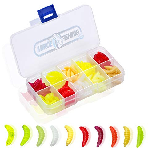 MiRoeFishing künstliche Bienenmaden Köder im 100er Set I Kunstmaden in versch. Farben zum Angeln auf Forelle oder Barsch, Alles in Einer verstellbarenSortierbox