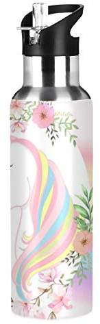 Vnurnrn Joli Cheval De Licorne Arc-En-Ciel Bouteille d'eau Isotherme avec Paille en Acier Inoxydable Gourde 600ML, Sans Bpa Gourdes Eau pour Enfant Sport Randonnée École Bureau