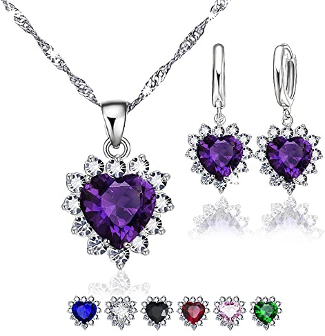 Parure Gioielli Donna, Collana da Donna e Orecchini Donna Argento 925 Donna con Ciondolo Cuore, Set Regalo Donna, Set Argento Donna, Gioielli da Donna in Argento S925 e Zirconi Colorati (VIOLA)