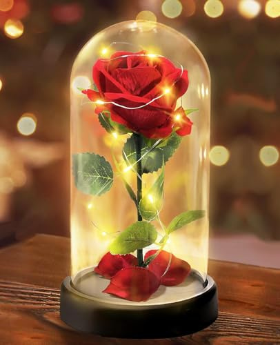 Touloube Rose Flower Gifts for Women, Light Up Artificial Flower Gift-Premium Rose Flower, Eternal Rose in Glass with Lights, for Mom Grandmother Grandma for Birthday, Anniversary