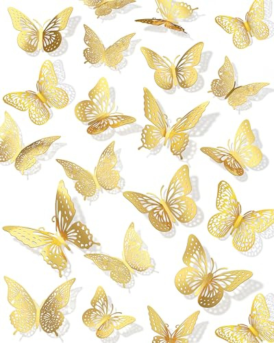 72Pcs 3D Butterfly Wall Decor, Gold Butterfly Fathers Day Decorations, 4 Styles 3 Sizes Removable Butterflies Room Decor Butterflies Wall Stickers for Birthday Party Tea Cake Flower Decorations