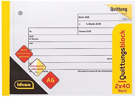 Idena 10849 - Quittungsblock mit Durchschlag, DIN A6, 2 x 40 Blatt, separat ausgewiesene MwSt., selbstdurchschreibend