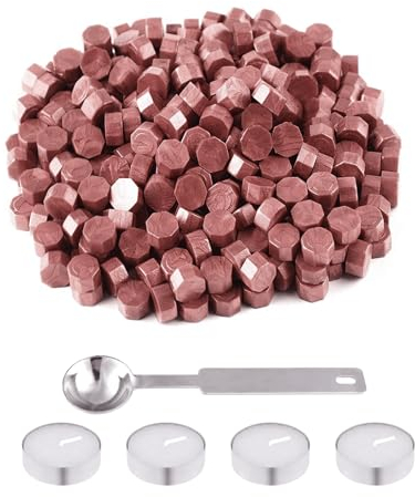 Wekuw Siegelwachs, 200 Stück Wachssiegel Stempel Set, Siegelwachs Perlen Mit 4 Kerzen Und 1 SchmelzlöFfel, Achteckiges Wachssiegel-Set,für Vintage Siegellack und Brief, Einladungen (Graue Rose)