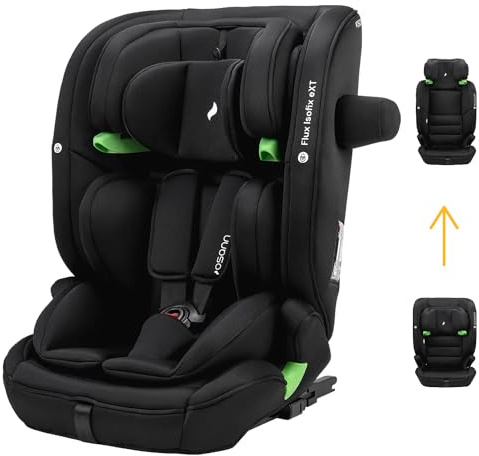 Osann Flux Isofix eXT Kindersitz, i-Size von 76 bis 150 cm, mitwachsend, längere Verwendungsdauer des Gurtsystems bis 120 cm max. 23kg - All Black