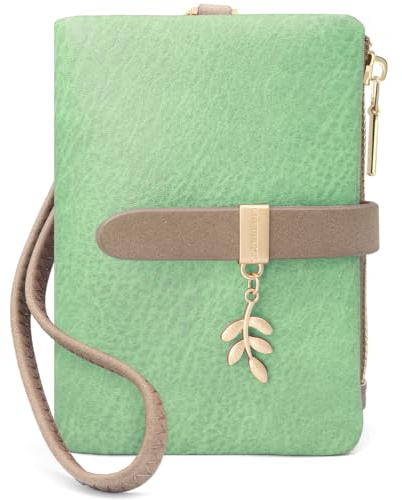 GOUNNU Cartera Pequeña de Cuero PU para Mujer - RFID Bloqueo, Cremallera, 7 Ranuras para Tarjetas, Monedero con Pulsera (Verde)