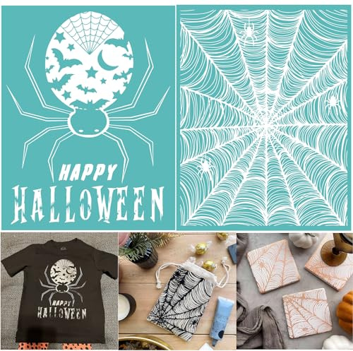 Briartw Happy Halloween Silkscreen Stencil Spider Web Reusable Self-Adhesive Mesh Stencils Silk Screen Stencil Printing for Polymer Clay Home Decoration Printing on Wood Fabric Wall Cup Plate