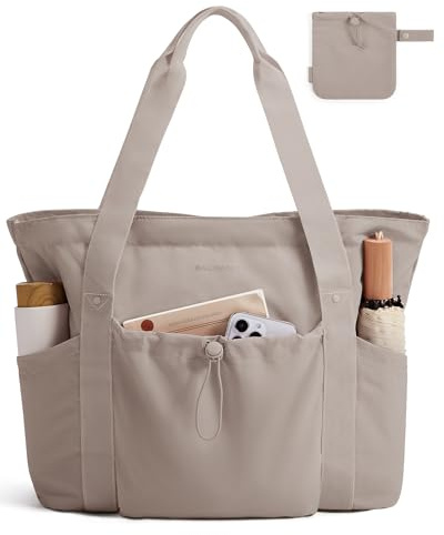 bagsmart Bolso de mano plegable para mujer, bolso de la compra, bolsa de deporte, bolsa de playa, 20 L, con cremallera y compartimento para ordenador portátil, para viajes, trabajo, fitness, camel, 39