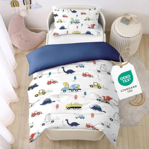 CINYE Dinosaur Kids Single Duvet Cover For Kids Cute Bedding 135×200 cm Colorful Bedding Set With Zip Fastening Comes With 50x75 cm Pillowcase 3D Cars Quilt Cover