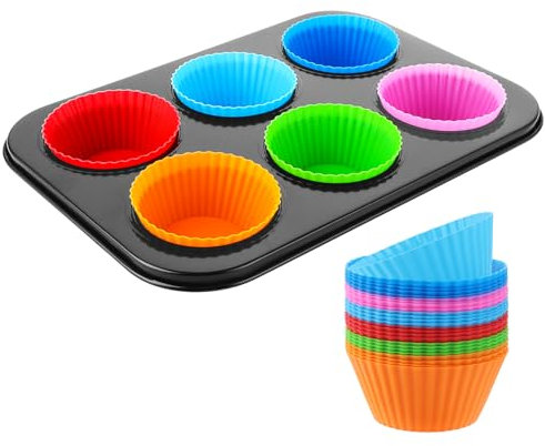SHUESS 4 Stück Muffinform, Edelstahl Muffin Backform für 6 Muffins, Muffinblech mit 24er Silikon Cupcake Formen für Muffins Cupcakes Pudding Brownies, 26.5x18.5x2.8CM