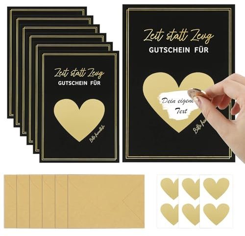 ZABARE 8 Sets Gutschein zum Selber Ausfüllen,DIY Rubbelkarten mit Umschlägen und Herzform Rubbelaufkleber, Zeit statt Zeug Rubbelkarten zum Selber Beschriften für Geburtstag Hochzeit Party