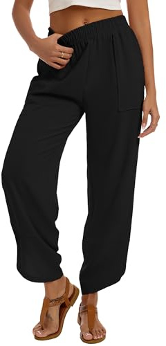 Bellcoco Pantalon capri d'été décontracté à taille élastique avec poches pour femme, noir, Taille L