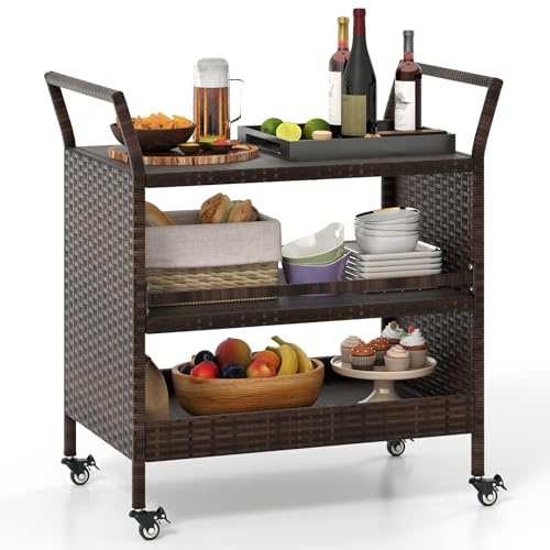 COSTWAY Carrello da Bar da Esterno, Mensola di Stoccaggio in Vimini con 3 Livelli Ruote e Maniglie Laterali, Tavolino da Servizio per Giardino Bordo Piscina Veranda, 86 x 50 x 89 cm