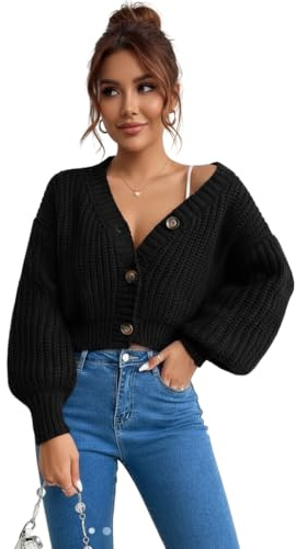 LUXFAB Womens Balloon Sleeve Chunky Knitted 3 Button Crop Cardigan V Neck Stretchy Fisher Knit Sweater Winter Warm Fancy Party Wear Top UK 8-14 Size (UK, Alpha, One Size, Regular, Regular, Black)