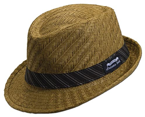 Panama Jack Weaved Toyo Fedora with Striped Black Band (Brown, Large)
