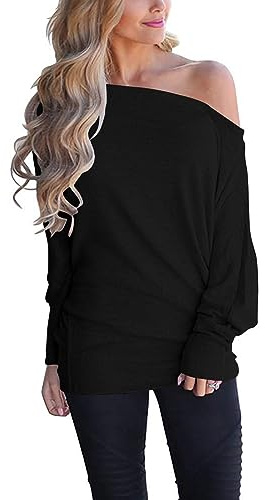 Poetsky Off Shoulder Shirts for Women Dolman Long Sleeve Tops Oversized Blouse Pullover, Black, L