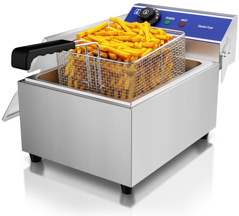 DULONG Commercial Electric Deep Fryer,10.57/10L Countertop Stainless Steel Deep Fryer with Basket,1500W Temperature Control Single Large Tank Fryer for Restaurant Home Kitchen