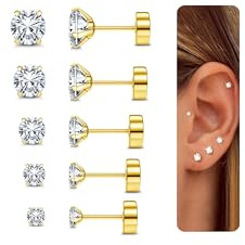 CASSIECA 5 Paires Acier Inoxydable Boucles d’Oreilles pour Homme Femme Unisexe Boule Helix Clous d’Oreilles Ronde Cartilage Piercing Oreille CZ, 2-6MM