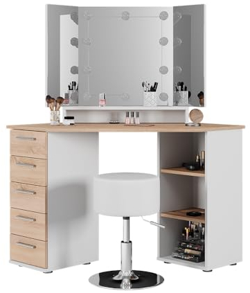 Vicco Eckschminktisch Sofia, Weiß/Sonoma/Sonoma, 128.4 cm mit LED Beleuchtung und Hocker
